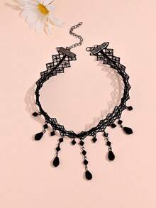 1pc Gothic Retro Dark Water Drop Tassel Choker Necklace, Bohemian Lace Collar Necklace Suitable For Women's Daily, Banquet, Dance Party, Festival Gift - Necklace - View 6