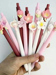 2/6支装 3D可爱花朵黑色中性笔，樱花/桃花笔，创意可爱高品质学生圆珠笔 - 花朵 - 查看 5
