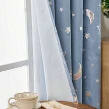 1pc Minimalist Coated Composite Star & Moon Foil Blackout Thermal Insulated Curtain For Bedroom, Living Room, Balcony, Study - Baby Blue - View 4