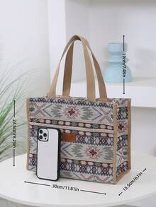 New Thick Knit Jacquard Fabric Handbag, Large Capacity Portable Lunch Box Storage Bag, Bento Bag, Lunch Bag, Suitable For Office Lunch, Outdoor Picnic, Lunch Box Storage, Aluminum Foil Insulation Layer Inside, Zipper Pocket In Front - Beige - View 3