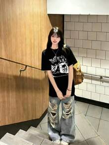 Street Fashion Retro American Portrait & Letter Print Short Sleeve T-Shirt For Women, Casual Summer, Black - Black - View 3
