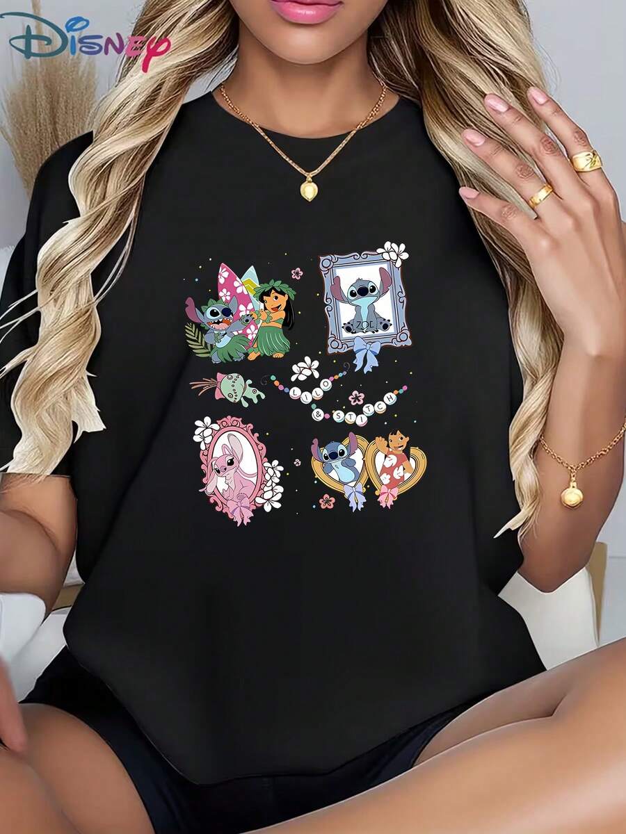 Disney Women's Casual Red Cotton Short Sleeve Round Neck T-Shirt With Lilo And Stitch Cartoon PrintMade From Soft, Comfortable, And Durable Pure Cotton, This Is An Ideal Choice For Spring And Summer. This Crew Neck T-Shirt Is Suitable For Various Occasions, Including Everyday Wear, Shopping, Parties, Travel, And Gatherings, And Also Makes A Thoughtful Gift. - White - View 1