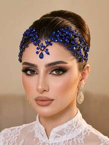 1pc Blue Crystal Bridal Forehead Headband, Fashionable Hair Accessory Suitable For Wedding, Party, Easter - Blue - View 2