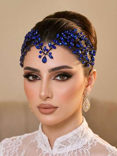 1pc Blue Crystal Bridal Forehead Headband, Fashionable Hair Accessory Suitable For Wedding, Party, Easter