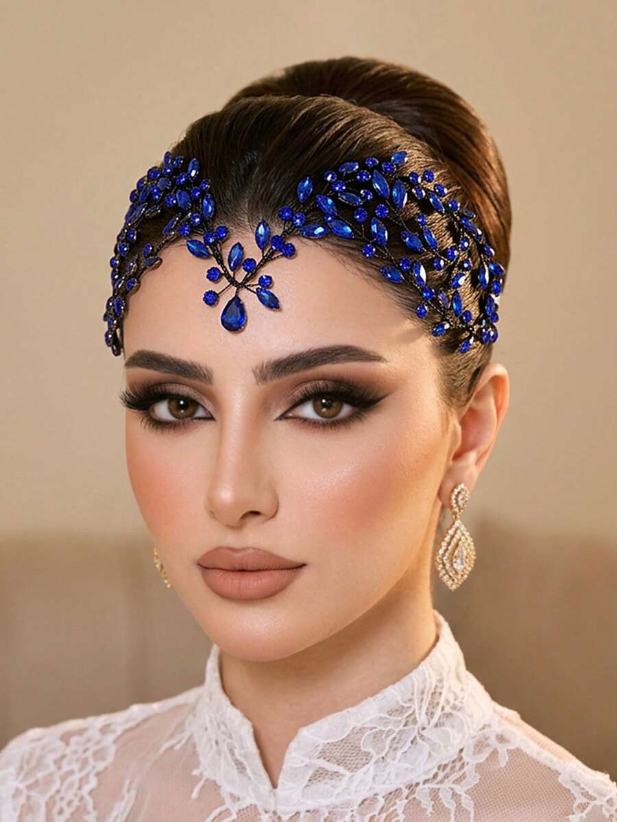 1pc Blue Crystal Bridal Forehead Headband, Fashionable Hair Accessory Suitable For Wedding, Party, Easter