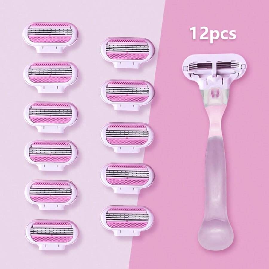 Women's Manual Hair Removal Razor, 3-Layer Stainless Steel Blades, Replaceable Safety Razor Head, Pink Handle, Makes You Look Younger And More Beautiful Epilator Depilatory Shaver For Women Body Hair Removal, Face Razor, Wax Hair Removal - Pink - View 1