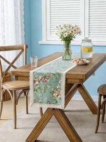 1pc Green Rose Print Rectangular Table Runner, Farmhouse Style, Washable, Beige Lace Trim Decor, Suitable For Coffee Table, Shoe Cabinet, Dining Room, Living Room, Parties, Picnics, Festivals, Indoor & Outdoor, Spring & Summer - Green - View 8