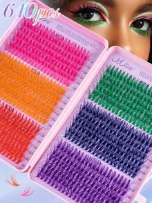 MEM 640 piezas de pestañas en racimo de ojo de gato de 8-16 mm, 6 colores mezclados de múltiples densidades, extensiones de pestañas con aspecto naturalmente denso y voluminoso con mini pestañas de colores, fácil de hacer para principiantes de maquillaje - vistoso - Ver 3