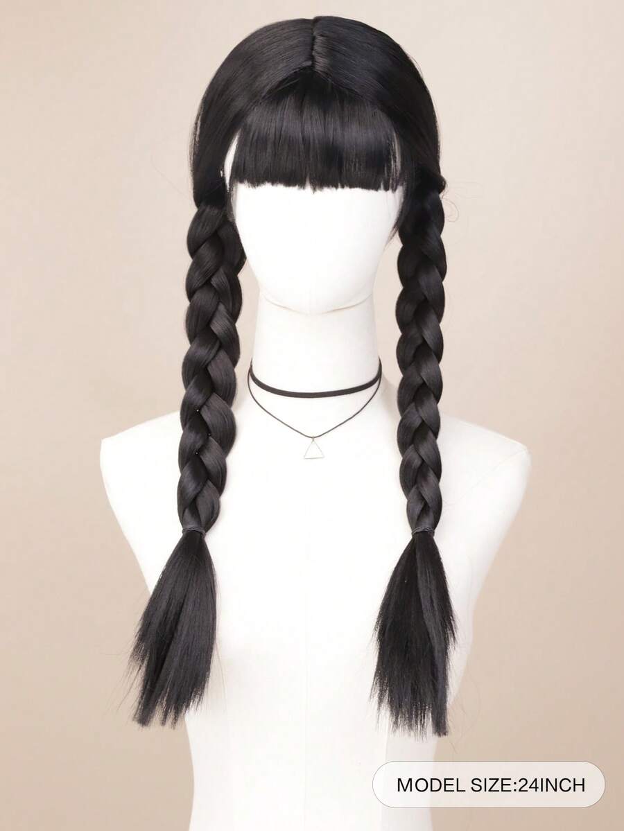 Synthetic Wig, Black Double Ponytail Wig, Full Head Coverage Wig, Unisex Halloween Costume Wig