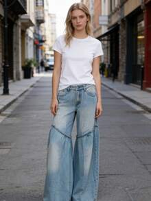 HERTALK Women's High Waist  Wide Leg Baggy Jeans Denim Long Pants - 藍色 - 查看 3