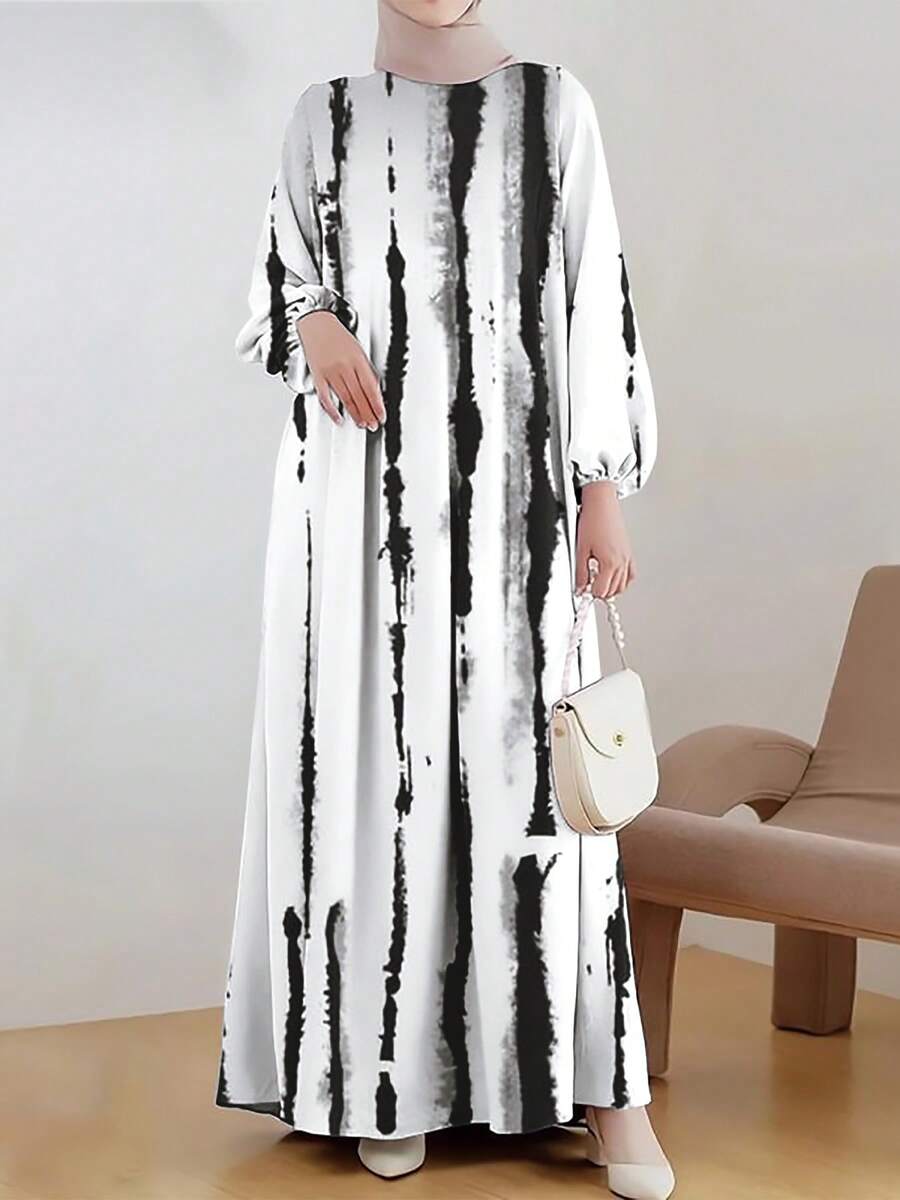 Women's New Long Robe Dress, Black Striped Print, Loose Comfortable Robe, Fashionable Casual Abaya, Middle Eastern Style, Elegant Elegant Vacation Spring - Black - View 1