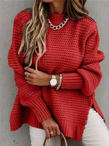 Chunky Mock Neck Knit Sweater, Long Sleeve Balloon Sleeve Pullover Fall Winter Outfit, Relaxed Fit Side Slit Textured Knit Top | Soft Breathable Knit | Multi-Color Options | Perfect With Jeans Casual Textured Knit Balloon Sleeve Sweater | Mock Neck & Ribbed Cuffs | Oversized Loose Fit | Soft Lightweight Fabric | Streetwear & Lounge Essential | Vibrant Solid Colors | Brunch & Date Outfit - Red - View 2