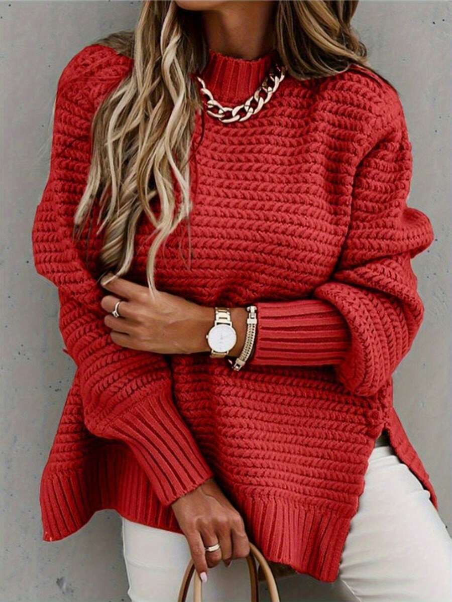 Chunky Mock Neck Knit Sweater, Long Sleeve Balloon Sleeve Pullover Fall Winter Outfit, Relaxed Fit Side Slit Textured Knit Top | Soft Breathable Knit | Multi-Color Options | Perfect With Jeans Casual Textured Knit Balloon Sleeve Sweater | Mock Neck & Ribbed Cuffs | Oversized Loose Fit | Soft Lightweight Fabric | Streetwear & Lounge Essential | Vibrant Solid Colors | Brunch & Date Outfit
