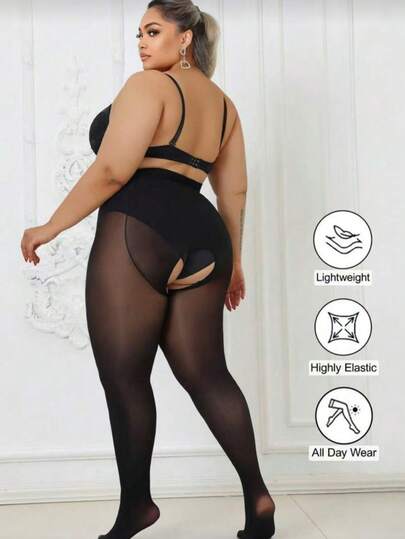 1pc 80D Women Curve Tights, High Elasticity Skinny Pants, Open Crotch Leggings, Micro-Sheer Sexy Pantyhose, Black Stockings, Suitable For Christmas, Up To 300lbs, Fashion & Versatile