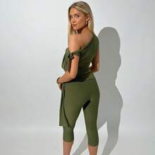 2PC/1set Summer New Fashion Street Style Asymmetrical Neck Sleeveless Top Slim Fit Tie-Waist Shorts Set - màu xanh lá - Xem 2