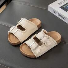 1 Pair Unisex Kids (Ages 3-12) Beige Tasseled Hook And Loop Strap Sandals, Glossy PU Leather Non-Slip Breathable, Dual Wide Hook And Loop Strap Open Toe Flat, Gentle Retro Casual Style Slippers, Suitable For Daily, School, Beach, Party, Best Seller - Beige - View 2