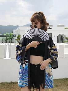 中国风复古可爱学院风仙鹤印花罩衫，和服外套，夏季沙滩比基尼罩衫，防晒外套 春季黑色 - 黑色 - 查看 6