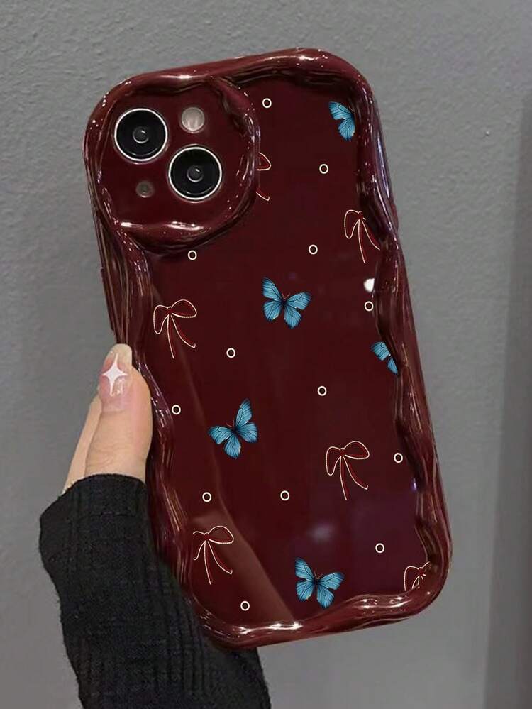 蝴蝶图案奶油色波浪边酒红色简约防震加厚手机保护壳，适用于 17/17 Pro/17 Pro Max、16 XR/7/8、15 Pro Max、12 Pro Max、13 Pro Max、14 Pro Max、13、14、11、12P、14P、11P、12P、XS、XR、7/8P、7/8 GES2等机型。 - 彩色 - 查看 6