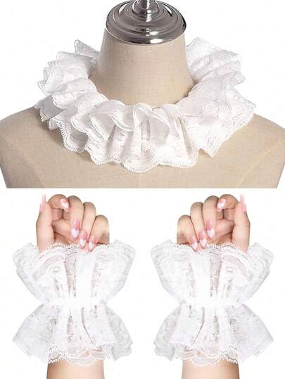 洛丽塔蕾丝领假领复古蕾丝荷叶边领 - 可拆卸，复古蕾丝荷叶边多层可拆卸领子维多利亚爱德华风格白色时尚配饰，维多利亚爱德华时代服装领子男女通用