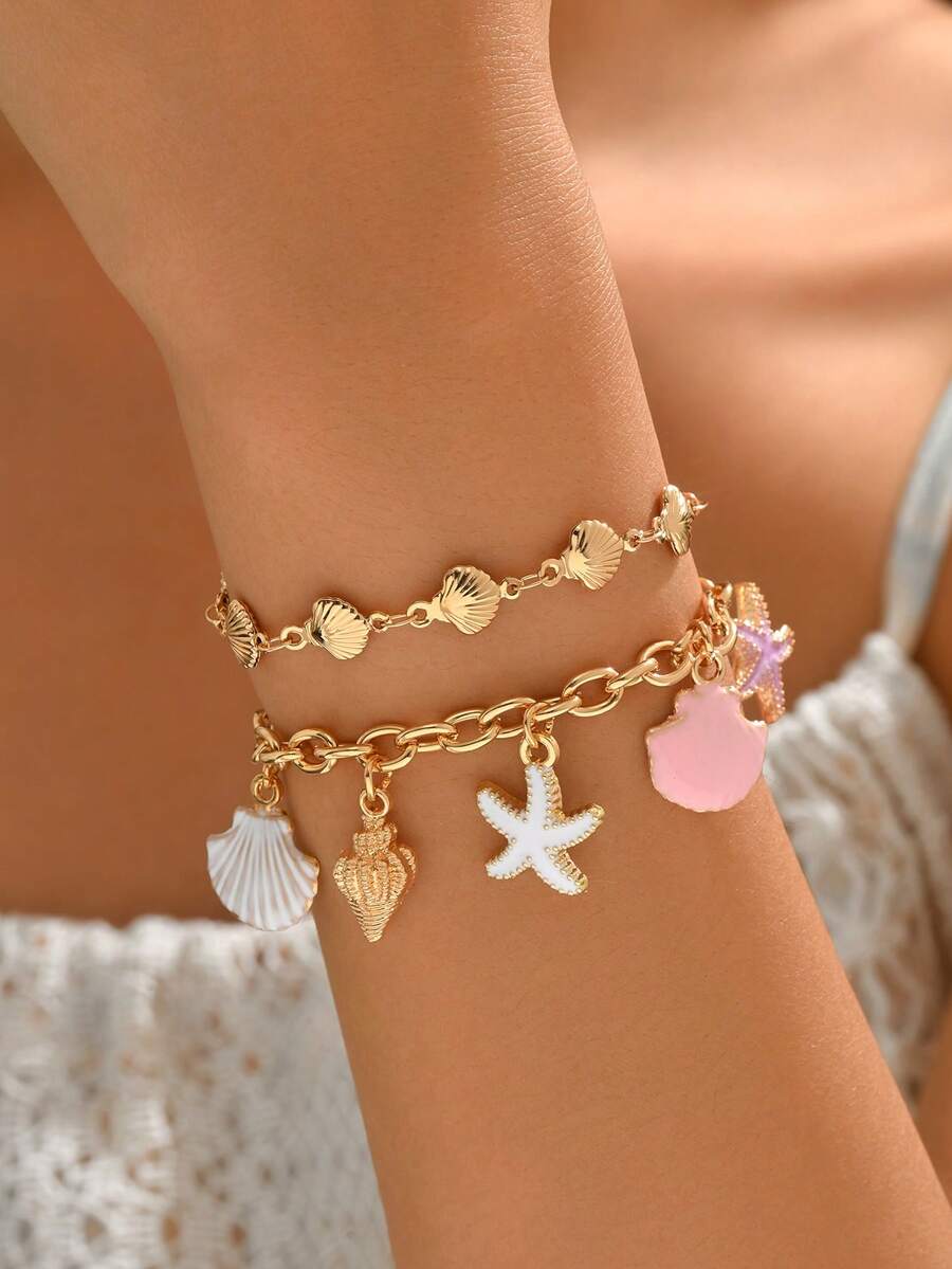 2pcs/Set Unique Drip Glaze Starfish Pendant Bracelet Set, Fashionable Minimalist Gold Shell Chain Layered Bracelet, Suitable For Daily Wear And Party Occasions - Multicolor - View 1