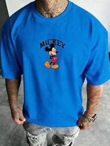 Disney Official Licensed Mickey Mouse Classic Big Letter Retro Print 220g Cotton Crew Neck Unisex Tee - 藍色 - 查看 2