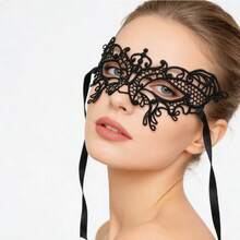 2件套蕾丝半脸面具，情侣主题化妆舞会面具，性感黑色眼罩，万圣节道具 - 黑色2件 - 查看 5