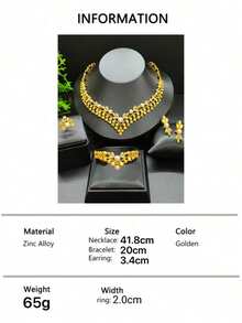 4 件奢华花朵设计全水钻 24k 镀金女士珠宝套装包括项链、手链、耳环和戒指，适用于婚礼、派对、周年纪念、生日、母亲节、情人节礼物等。情人节 - 金黃色 - 查看 13