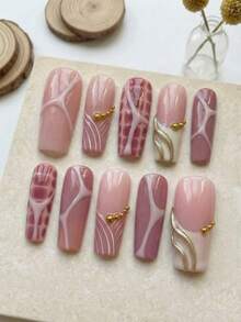Bộ 10 móng giả hình chữ nhật thủ công phong cách Y2K/Punk, họa tiết động vật trừu tượng màu hồng và xoáy vàng kết hợp với họa tiết đường nét màu xám, bộ móng có thể tháo rời và tái sử dụng (bao gồm keo dán gel và dũa móng). - Hồng - Xem 4
