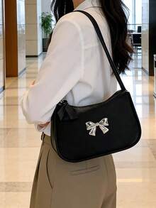 纯色迷你腋下单肩包，PU皮革小包，简约休闲百搭手提包，时尚金属蝴蝶大容量拉链法棍包，零钱包，手机包，适合购物、约会、外出 - 黑色 - 查看 7