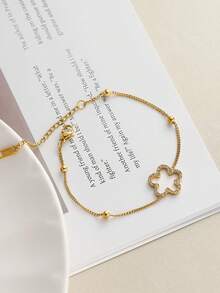 1pc Fashionable Niche Stainless Steel 18K Gold Four-Leaf Clover Micro-Inlaid Diamond Bracelet, Heart, Gourd, Butterfly 18K Gold Plated Chain Bracelet - Gold - View 4