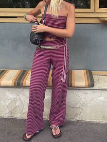Women's 2 Piece Striped Sets Strapless Crop Top Elastic Waist Wide Leg Long Pants Y2k Casual Comfy Loungewear Set Summer Streetwear Vacation Outfit - 紅色 - 查看 1