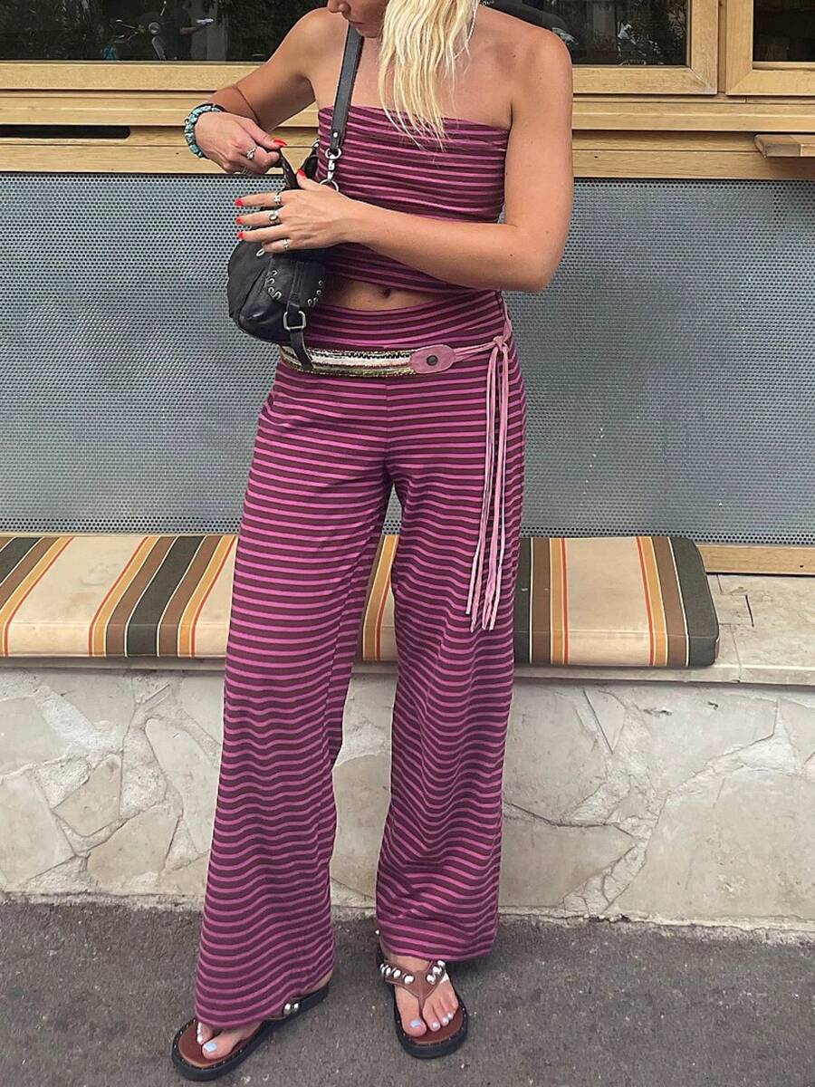 Women's 2 Piece Striped Sets Strapless Crop Top Elastic Waist Wide Leg Long Pants Y2k Casual Comfy Loungewear Set Summer Streetwear Vacation Outfit - 紅色 - 查看 1
