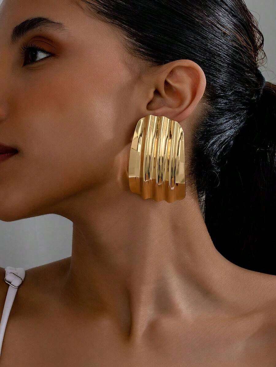 1pair Asymmetrical Geometric Pleated Pendant Vintage Statement Earrings Women, European And American Style - Vàng - Xem 1