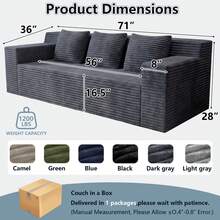 71" Love Seat Couches, Corduroy Boneless Loveseat With Deep Seats, 2 Seat Couch Apartment Size Couch With 3 Pillows&Side Pockets For Bedroom, Office, No Assembly Required - 深灰色 - 查看 4