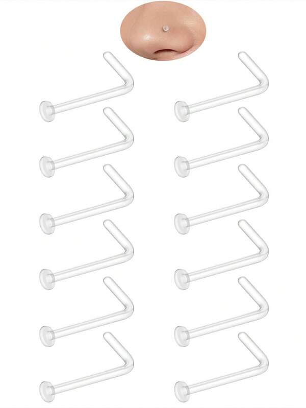 Set de 12 piezas de anillos nasales de plástico bioflex transparente de 20G en forma de L para mujeres y hombres, retentores de perforación planos de 2 mm para deportes, cirugía, aretes, labios y nuevas perforaciones nasales
