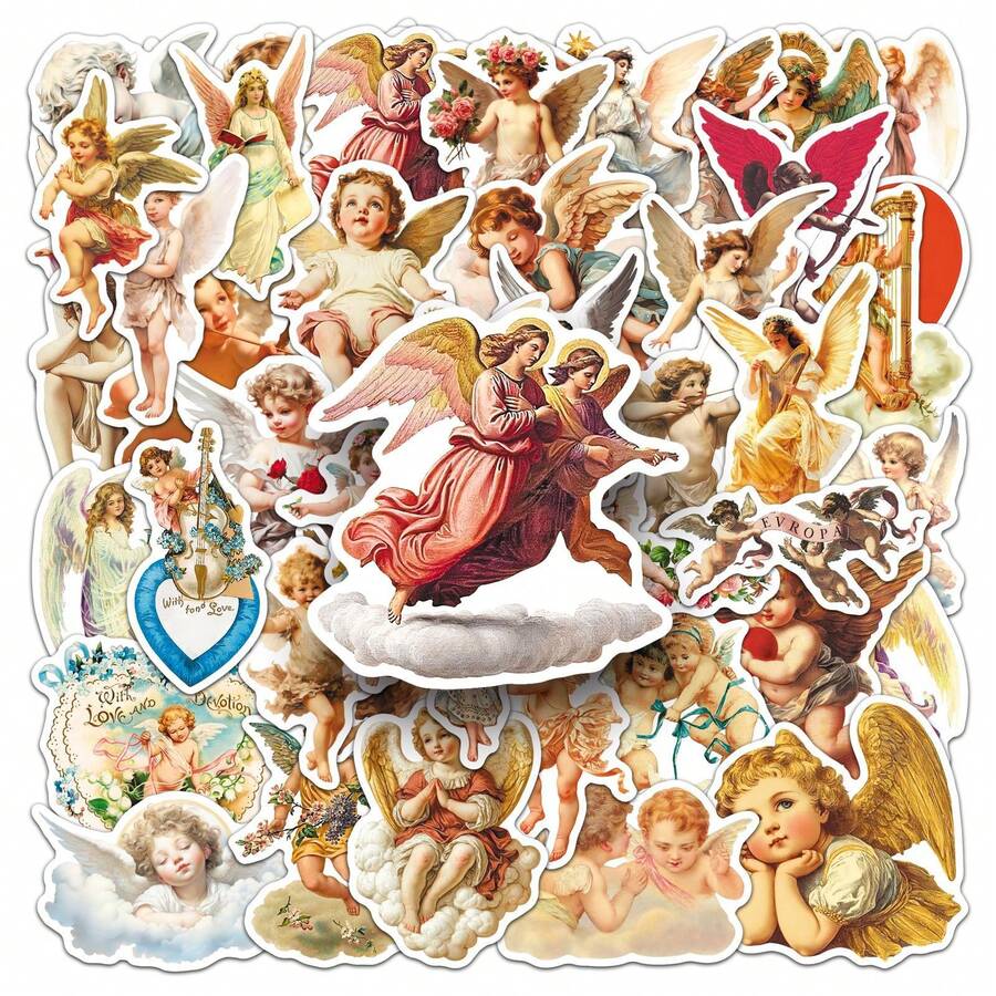 50pcs Angel's Melody Dreamy Cartoon Cute & Fun Personalized Stickers For Phone, Desktop Scrapbook Supplies Stationery Funny Stickers Kindle - Square - View 1