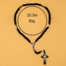 女士橄榄木圣本笃串珠念珠项链，配金属十字架吊坠 - 黑色 - 查看 3