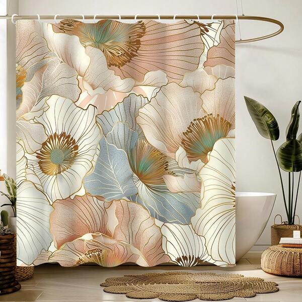 1pc Pink Floral Shower Curtain, Abstract Pink & Gold Peony Shower Curtain, Suitable For Modern Bathroom Decor, Bathtub Divider, Bathroom Accessories, Bathroom Shower Curtain Decoration