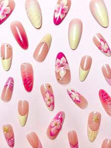 24Pcs/Set Almond-Shaped French Elegant 3D Ocean Style Starfish Waterdrop Flower Decor Full Coverage Press-On Nails With 1Pc Jelly Gel And 1Pc Nail File, Perfect For Romantic Daily Date Looks Nail Supplies Nails - 多色 4 - 查看 4