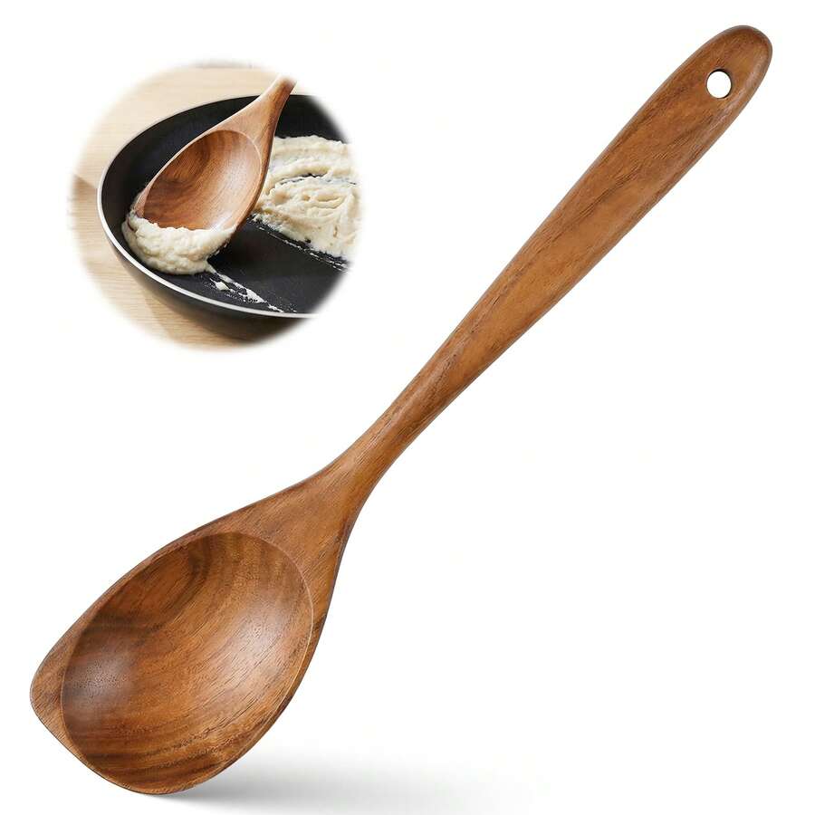 AIUHI 1pc Wooden Cooking Spoon, Household Wooden Spoon For Kitchen Cooking, Portable And Easy To Use, Kitchen Spoon, Kitchen Tools, Kitchen Supplies - Brown - View 1