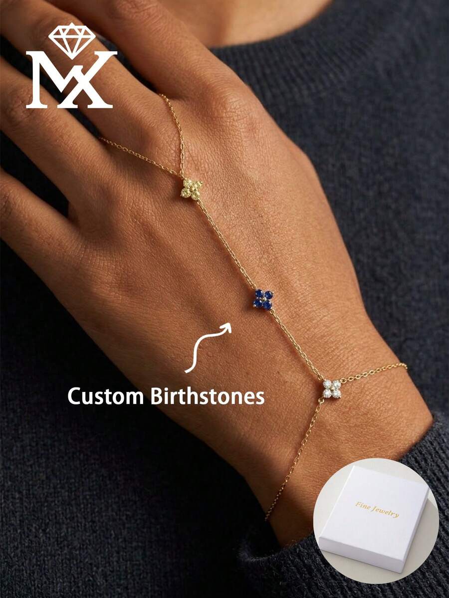 Customizable Birthstone Hand Chain, Dainty Gold Flower Bracelet, Personalized Gemstone Finger Bracelet, Minimalist Jewelry Gift For Her - Multicolor - View 1
