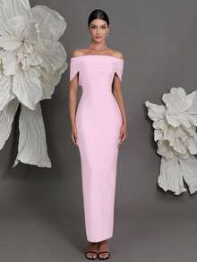 Off-Shoulder Knit Bandage Bodycon Dress, European And American Luxury Slim Fit Pencil Skirt, Suitable For Family Gatherings, Parties, And Evening Galas - Pink - View 1