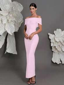 Off-Shoulder Knit Bandage Bodycon Dress, European And American Luxury Slim Fit Pencil Skirt, Suitable For Family Gatherings, Parties, And Evening Galas - Pink - View 2