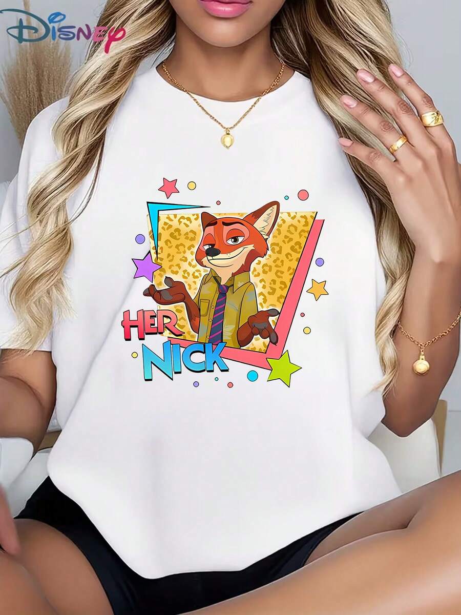 Casual Women's Disney Graphic T-Shirt, Featuring Nick Wilde "Her Nick" Design (Red Fun Print) - Versatile For Dates, Hangouts & Casual Outings, Popular Women's Cartoon TeeMade From Soft, Comfortable, And Durable Pure Cotton, This Is An Ideal Choice For Spring And Summer. This Crew Neck T-Shirt Is Suitable For Various Occasions, Including Everyday Wear, Shopping, Parties, Travel, And Gatherings, And Also Makes A Thoughtful Gift. - 黑色 - 查看 1