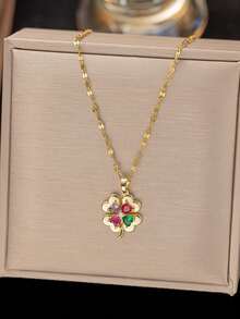 1 chiếc mặt dây chuyền hình cỏ bốn lá màu vàng đồng, trang sức thanh lịch, ngọt ngào, mang lại may mắn, thích hợp cho hẹn hò và đeo hàng ngày (Đóng gói trong túi OPP) - Vàng - Xem 2