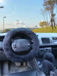 1pc New Faux Wool Plush Steering Wheel Cover, Handbrake & Gear Shift Sleeve Set For Car - Multicolor - View 14