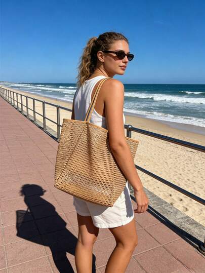1pc Large Capacity Mesh Beach Tote Bag, Hollow Mesh Shoulder Handbag, Lightweight Reusable Shopping Bag, Suitable For Beach, Pool, Travel And Casual Daily Use