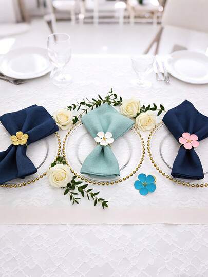 6pcs Floral Napkin Rings, Suitable For Wedding Party, Valentine's Day Banquet Table Decor, Delicate Five-Petal Flower Napkin Holder