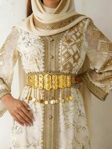 1pc Gold/Silver Coin Belt Set | Luxurious Rectangular Plate With Coin Tassel Chain, Glamorous Plated Non-Glossy Bridal And Festival Waist Chain - Choose Your Finish, Gold Or Silver Set Rectangular Plate Non-Glossy Coin Pendant - Silver - View 2