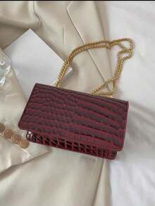1pc Faux Leather Crocodile Embossed Pattern Mini Chain Shoulder Bag, Fashion - Burgundy - View 6